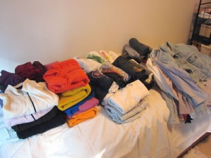 Tops pile before KonMari sorting